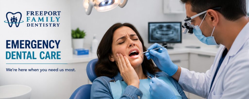 Dentist examining patient with emergency tooth pain in Freeport TX