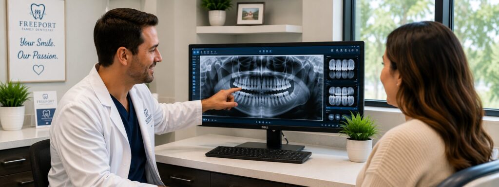 Dentist explaining digital dental X-rays to a patient in Freeport TX