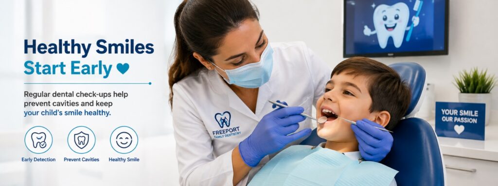 Dentist checking child for cavities in Freeport TX