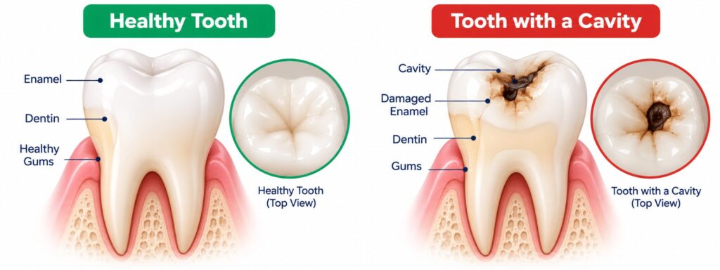 Cavity and tooth restoration illustration